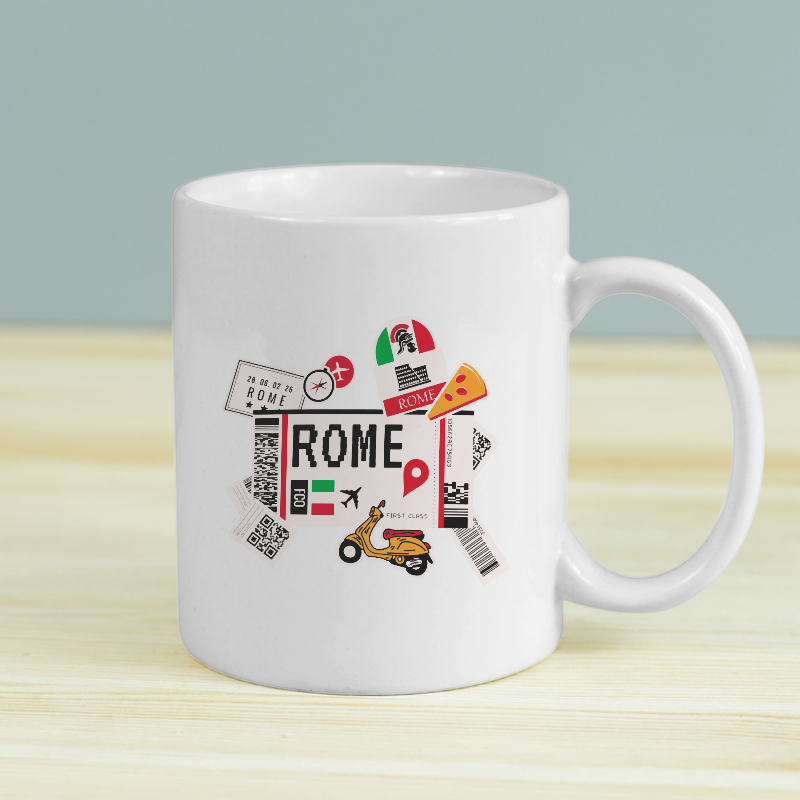 Roma Yolcusu Tasarımlı Beyaz Porselen Kupa Bardak