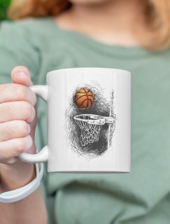 Basketbol Topu ve Pota Tasarımlı Beyaz Porselen Kupa Bardak