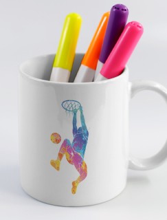 Rengarenk Basketbolcu Tasarımlı Beyaz Porselen Kupa Bardak
