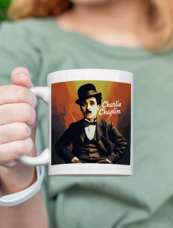 Charlie Chaplin Tasarımlı Beyaz Porselen Kupa Bardak