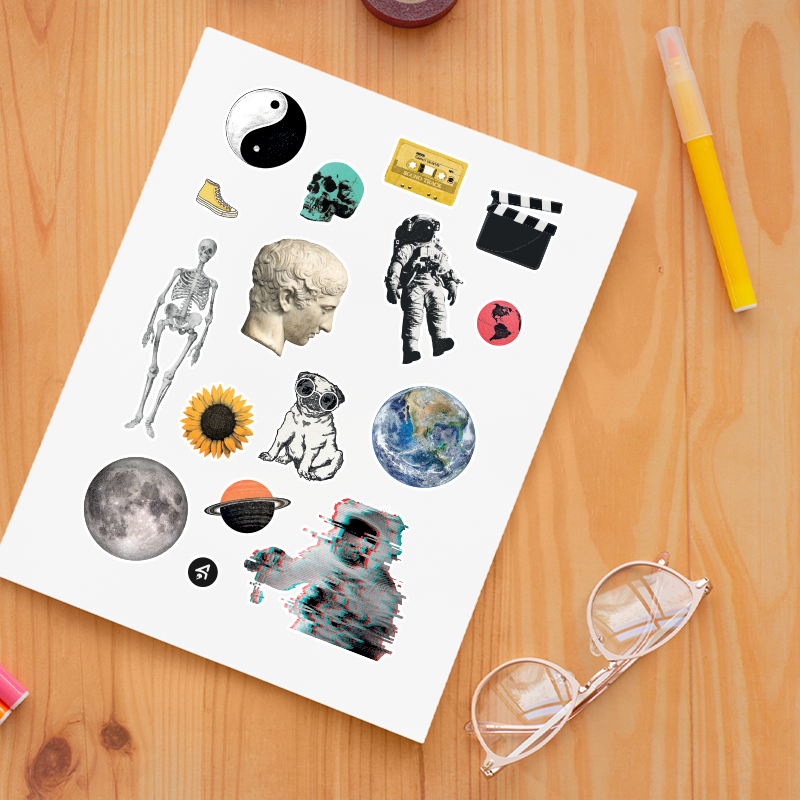 Astronot Sanat ve İskelet Tasarımlı A4 Kağıt 12'li Laptop Sticker Seti