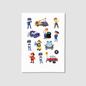 Araba Çekici ve Polis Tasarımlı A4 Kağıt 12'li Çocuk Sticker Seti