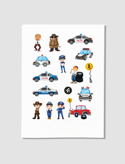 Hırsız Polis Tasarımlı A4 Kağıt 15'li Çocuk Sticker Seti