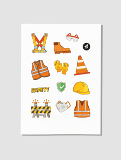 İş Güvenliği Tasarımlı A4 Kağıt 12'li Çocuk Sticker Seti
