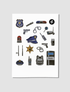 Polis Ekipmanları Tasarımlı A4 Kağıt 20'li Çocuk Sticker Seti