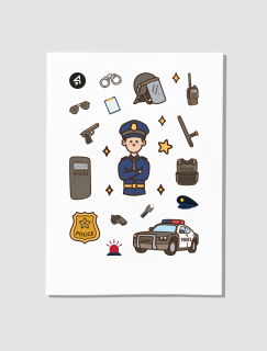 Polis ve Ekipmanları Tasarımlı A4 Kağıt 20'li Çocuk Sticker Seti