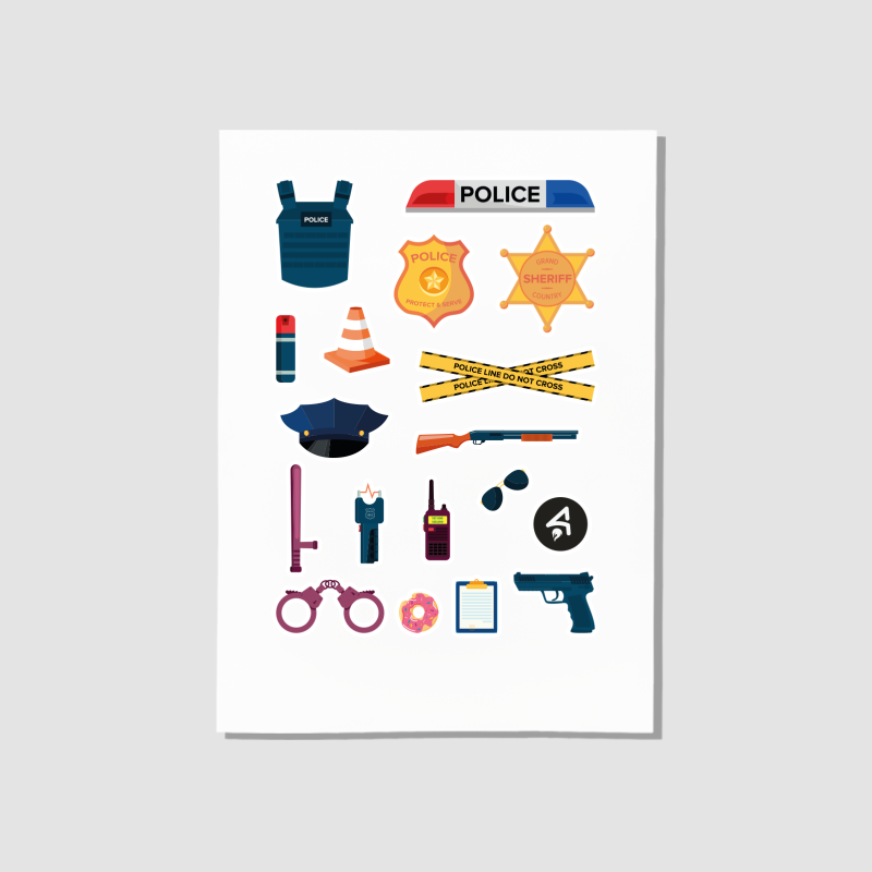 Polisler ve Olay Yeri Tasarımlı A4 Kağıt 17'li Çocuk Sticker Seti