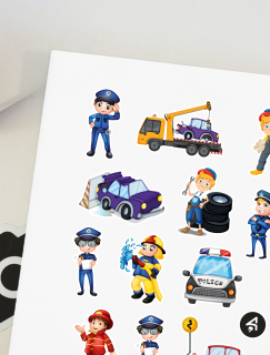 Araba Çekici ve Polis Tasarımlı A4 Kağıt 12'li Çocuk Sticker Seti