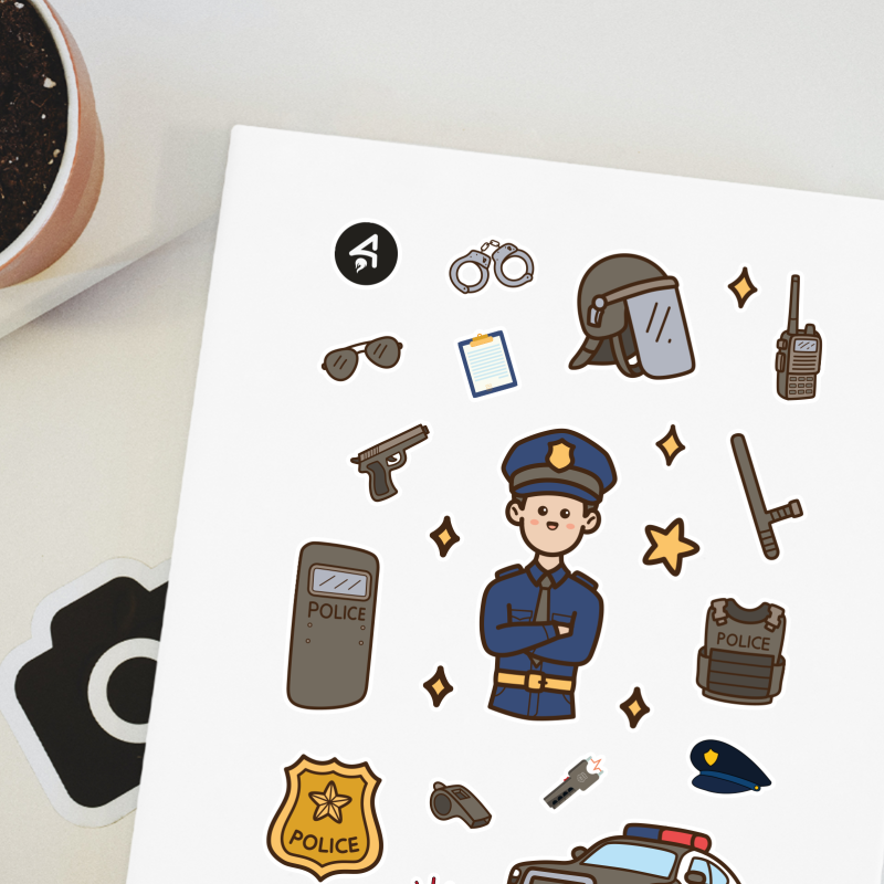 Polis ve Ekipmanları Tasarımlı A4 Kağıt 20'li Çocuk Sticker Seti