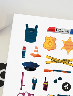 Polisler ve Olay Yeri Tasarımlı A4 Kağıt 17'li Çocuk Sticker Seti