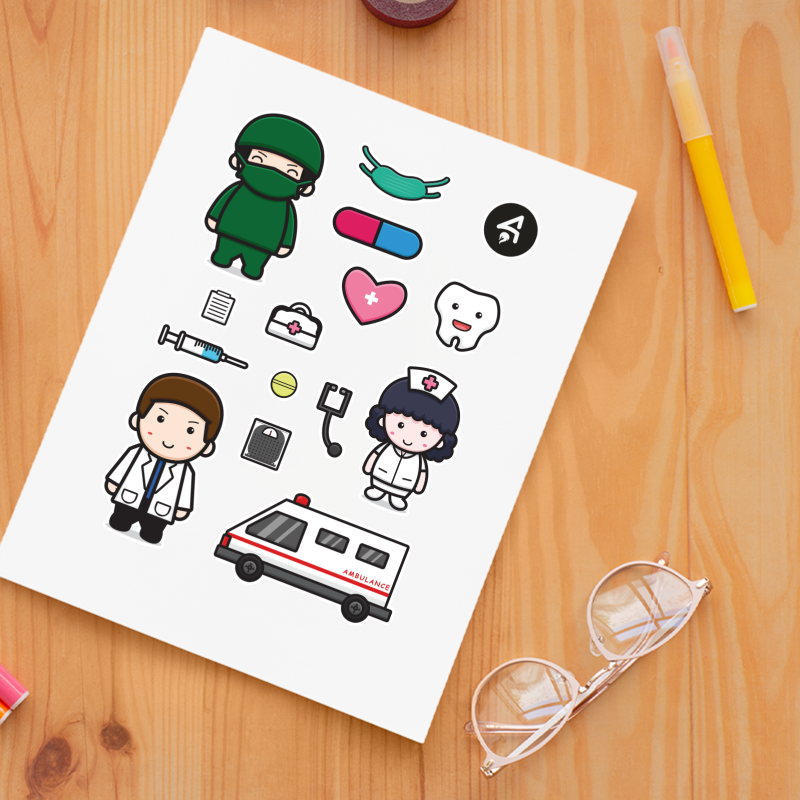 Sevimli Doktor Tasarımlı A4 Kağıt 14'lü Çocuk Sticker Seti