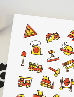 Sevimli İş Makineleri Tasarımlı A4 Kağıt 16'lı Çocuk Sticker Seti