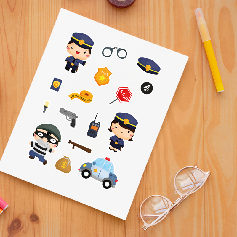 Sevimli Polisler Tasarımlı A4 Kağıt 15'li Çocuk Sticker Seti