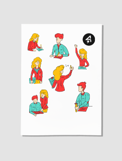 Çalışan Öğretmenler Tasarımlı A4 Kağıt 7'li Yetişkin Sticker Seti