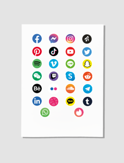 Sosyal Medya İkonları Tasarımlı A4 Kağıt 25'li Yetişkin Sticker Seti