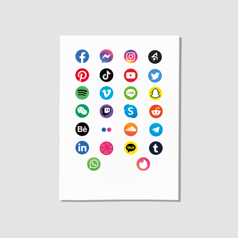 Sosyal Medya İkonları Tasarımlı A4 Kağıt 25'li Yetişkin Sticker Seti