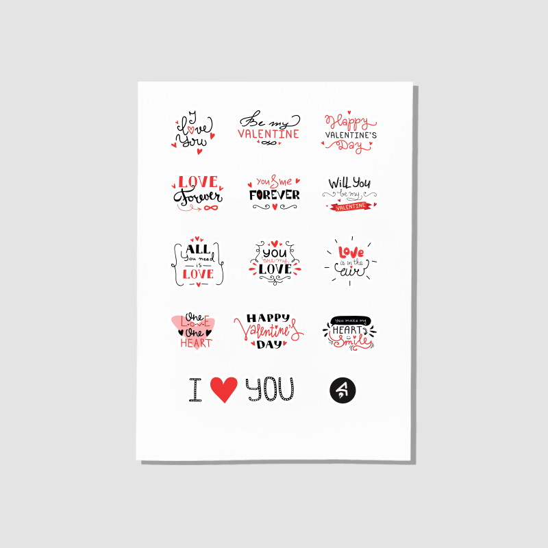 Sevgi Mesajları Tasarımlı A4 Kağıt 12'li Yetişkin Sticker Seti