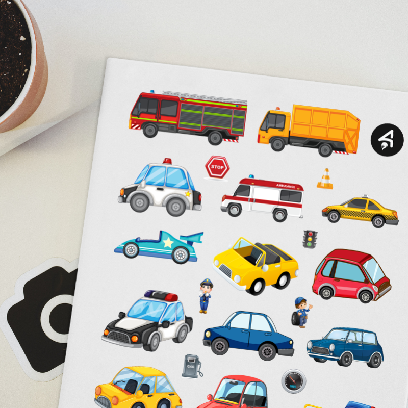 Araçlar ve Çocuklar Tasarımlı A4 Kağıt 21'li Sticker Seti