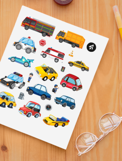 Araçlar ve Çocuklar Tasarımlı A4 Kağıt 21'li Sticker Seti