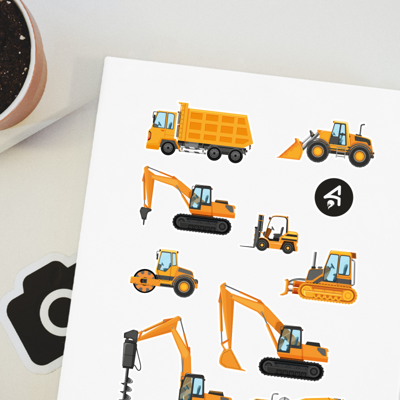 Turuncu İş Makineleri Tasarımlı A4 Kağıt 9'lu Çocuk Sticker Seti