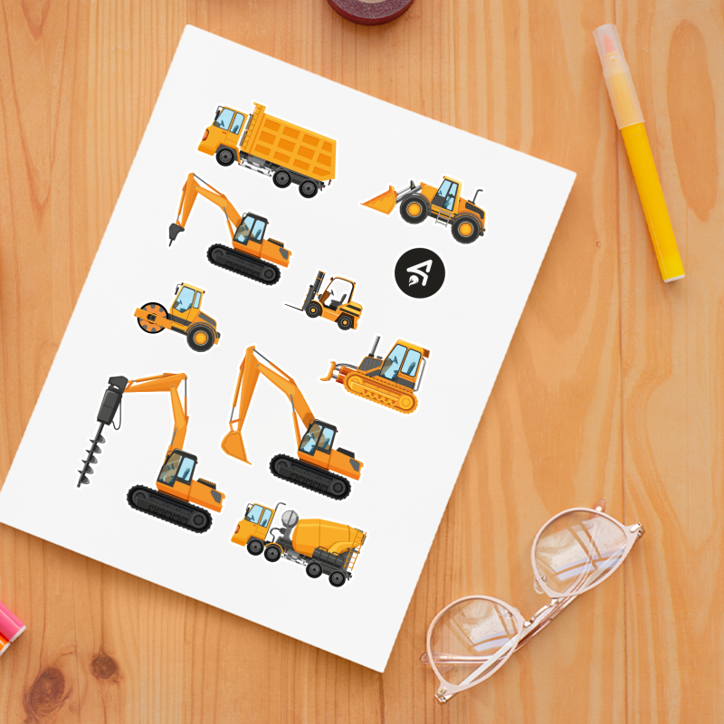 Turuncu İş Makineleri Tasarımlı A4 Kağıt 9'lu Çocuk Sticker Seti