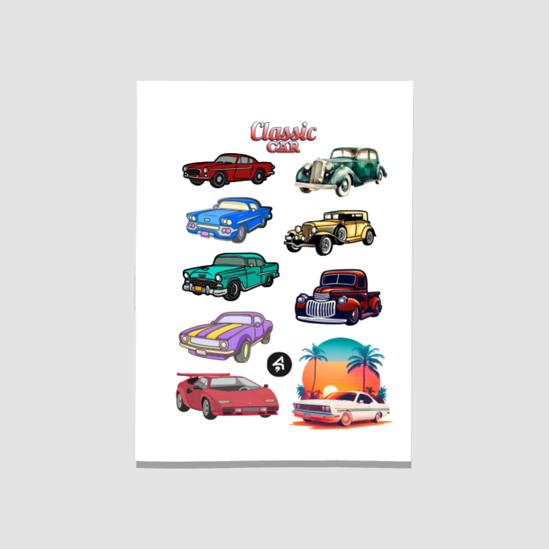 Klasik Otomobiller A4 Kağıt 10'lu Yetişkin Sticker Seti