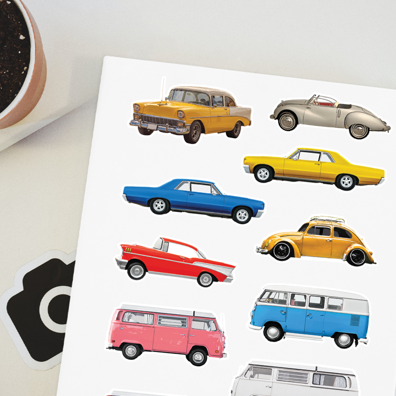 Vintage Otomobiller Tasarımlı A4 Kağıt 10'lu Yetişkin Sticker Seti