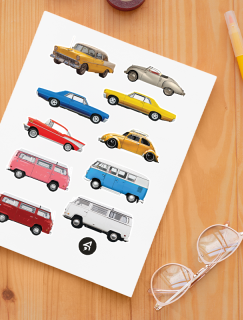 Vintage Otomobiller Tasarımlı A4 Kağıt 10'lu Yetişkin Sticker Seti