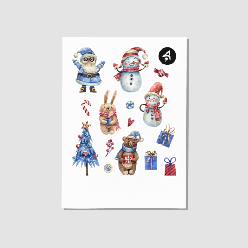 Mavi Noel Baba ve Mutlu Kardan Adamlar Tasarımlı A4 Kağıt 15'li Sticker Seti