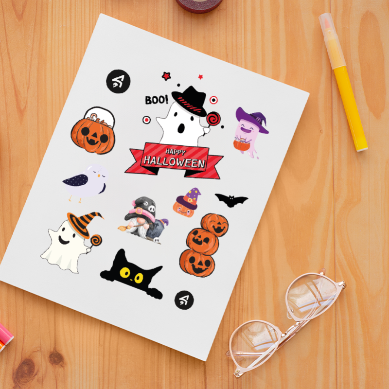 Halloween Sevimli Hayaletler Tasarımlı A4 Kağıt 12'li Çocuk Sticker Seti