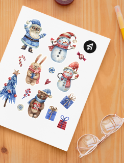 Mavi Noel Baba ve Mutlu Kardan Adamlar Tasarımlı A4 Kağıt 15'li Sticker Seti
