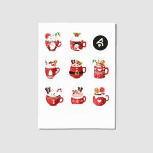 Yılbaşı Temalı Kupa Bardaklar Tasarımlı A4 Kağıt 8'li Yetişkin Sticker Seti