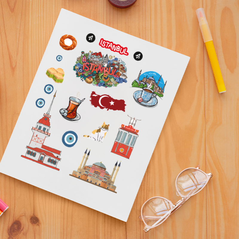 Rüya Şehir İstanbul Motifleri Tasarımlı A4 Kağıt 15'li Yetişkin Sticker Seti