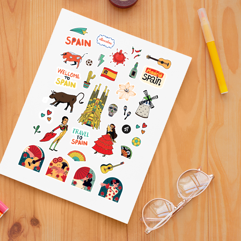 İspanya'nın Simgeleri Tasarımlı A4 35'li Yetişkin Sticker Seti