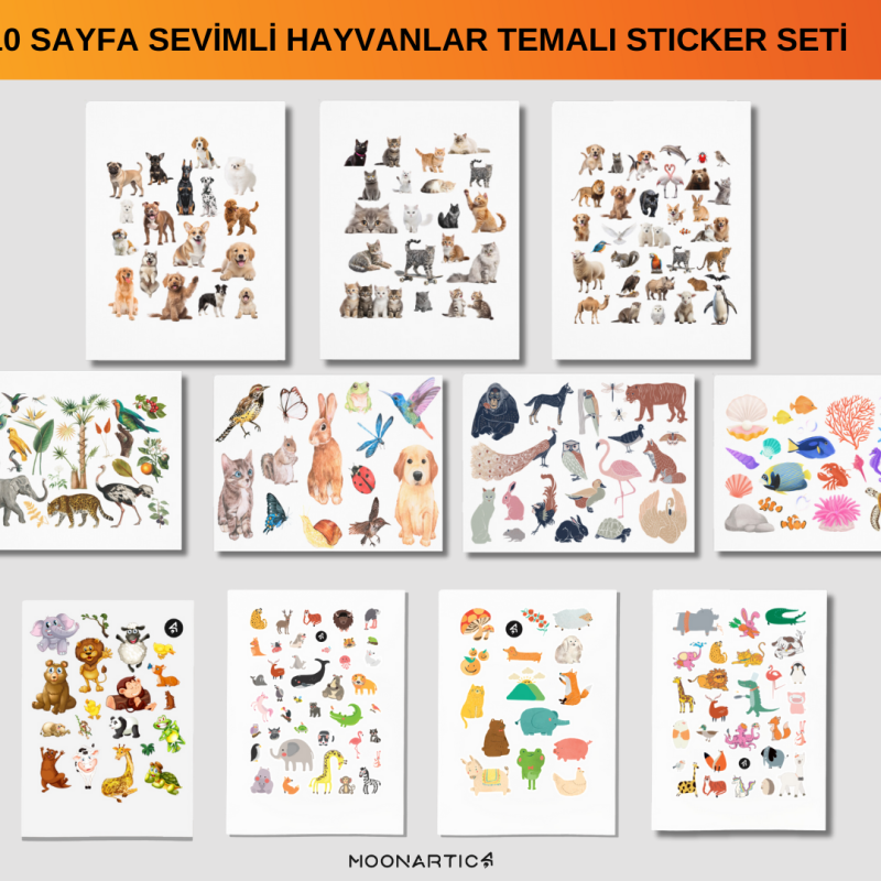 Sevimli Hayvanlar Temalı 10 Sayfa Çocuk Sticker Seti