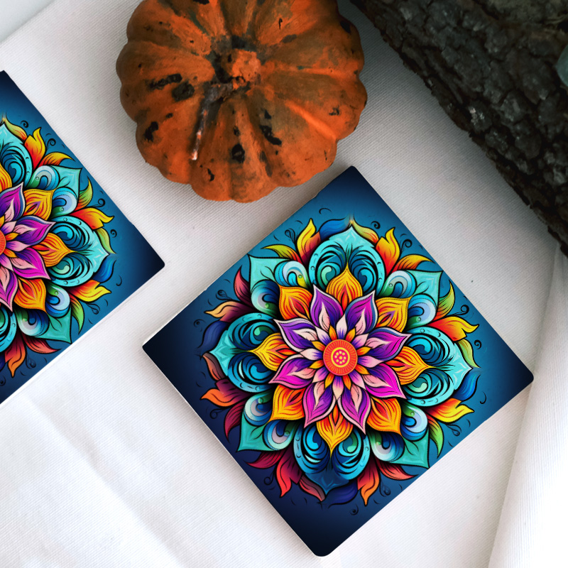 Çiçek Renkli Mandala Tasarımlı 4lü Doğal Taş Bardak Altlığı