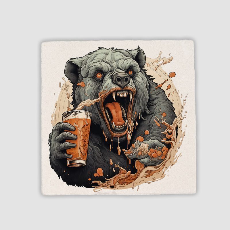 Bear and Beer Tasarımlı 4lü Doğal Taş Bardak Altlığı