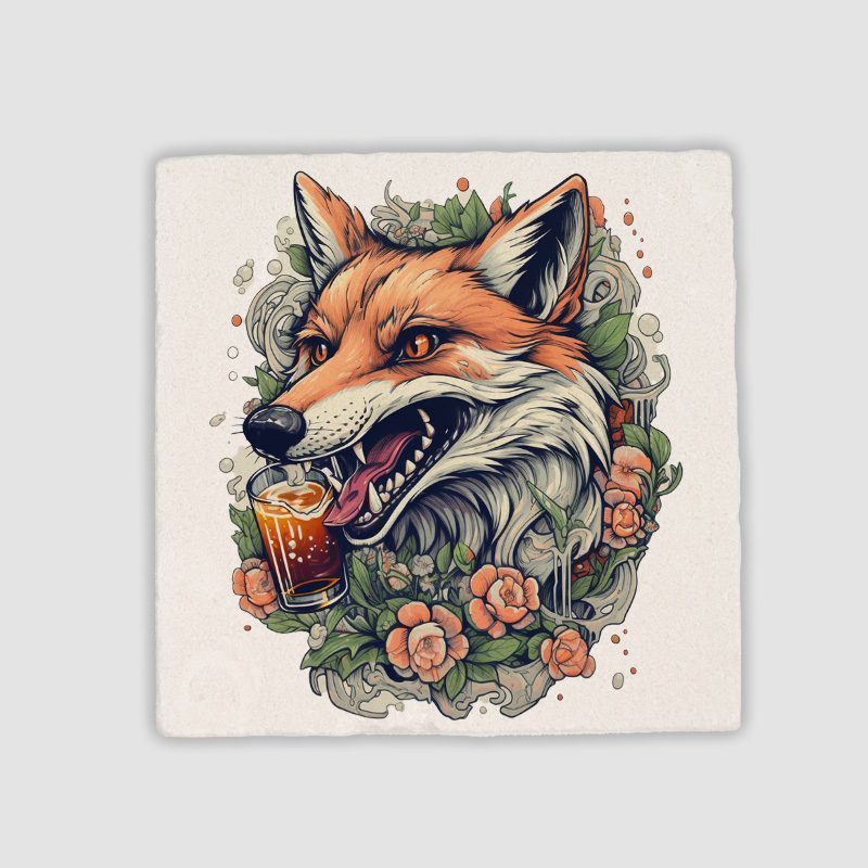 Fox and Beer Tasarımlı 4lü Doğal Taş Bardak Altlığı