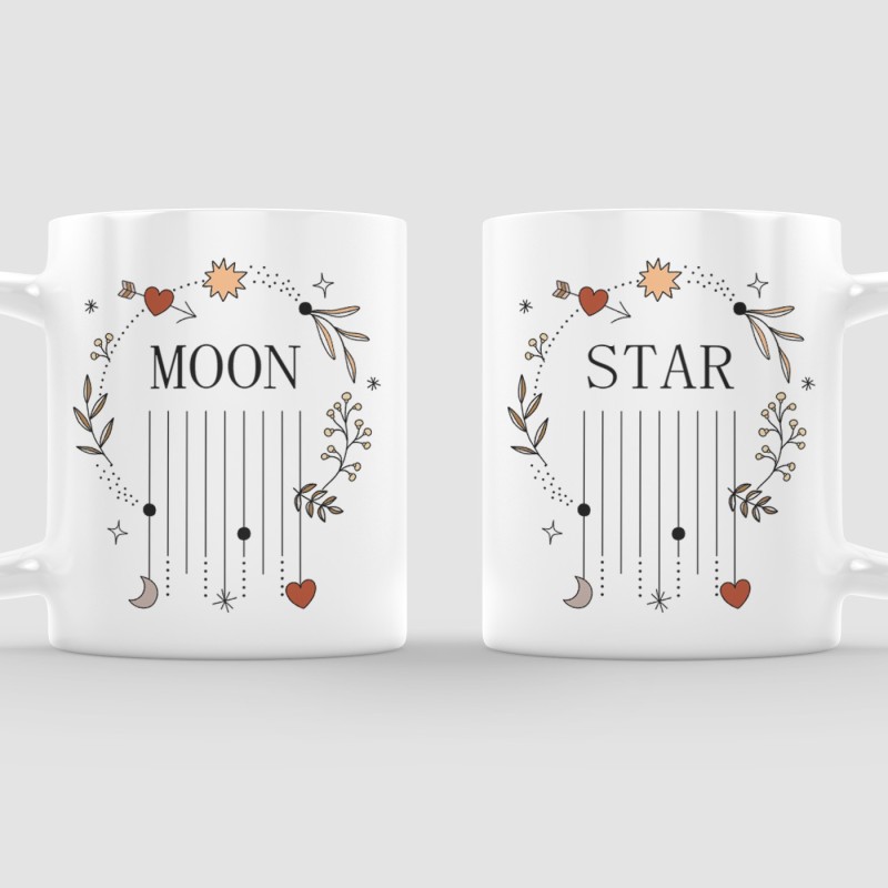 Star and Moon Yazılı 2'li Beyaz Porselen Kupa Bardak Seti