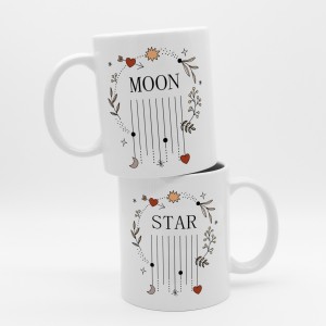 Star and Moon Yazılı 2'li Beyaz Porselen Kupa Bardak Seti