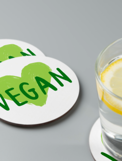 Vegan Yazılı Yeşil Kalp Tasarımlı 4'lü Yuvarlak Bardak Altlığı