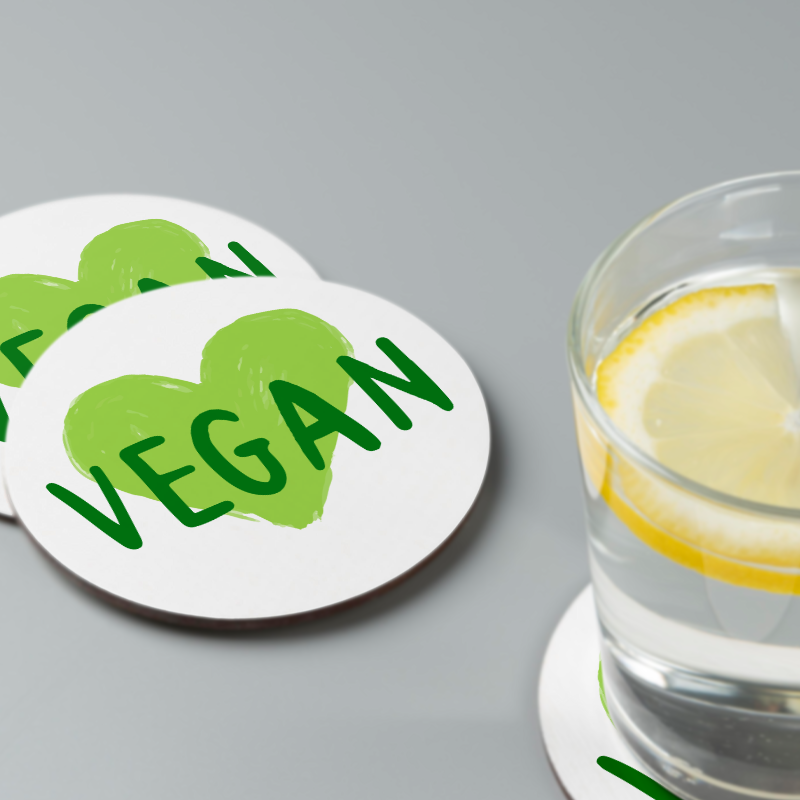 Vegan Yazılı Yeşil Kalp Tasarımlı 4'lü Yuvarlak Bardak Altlığı