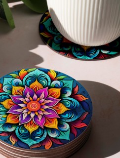 Çiçek Renkli Mandala Tasarımlı 4lü Yuvarlak Bardak Altlığı