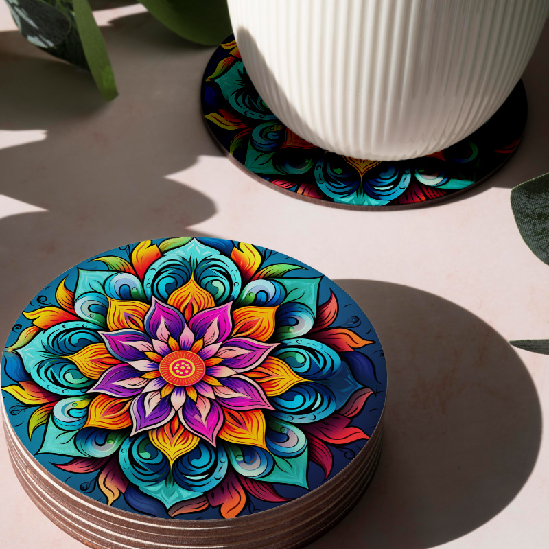 Çiçek Renkli Mandala Tasarımlı 4lü Yuvarlak Bardak Altlığı