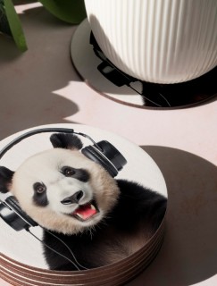 Müzik Tutkunu Panda Tasarımlı 4lü Yuvarlak Bardak Altlığı