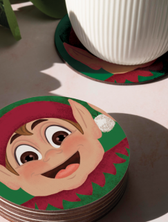 Yılbaşı Özel Koleksiyonu Gülümseyen Elf Tasarımlı 4lü Yuvarlak Bardak Altlığı